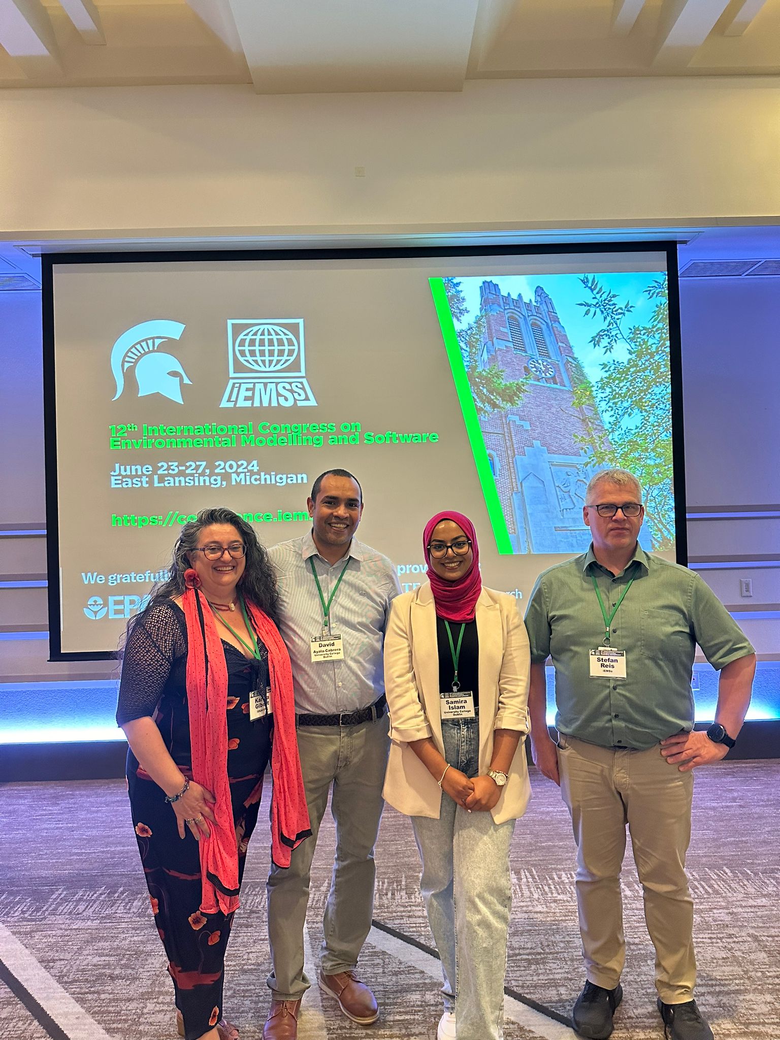 l to r: Professor Karina Gibert (Universitat Politècnica de Catalunya), Dr David Ayala-Cabrera (UCD), Ms Samira Islam (UCD) and Professor Stefan Reis (Fellow at UK Centre for Ecology & Hydrology)